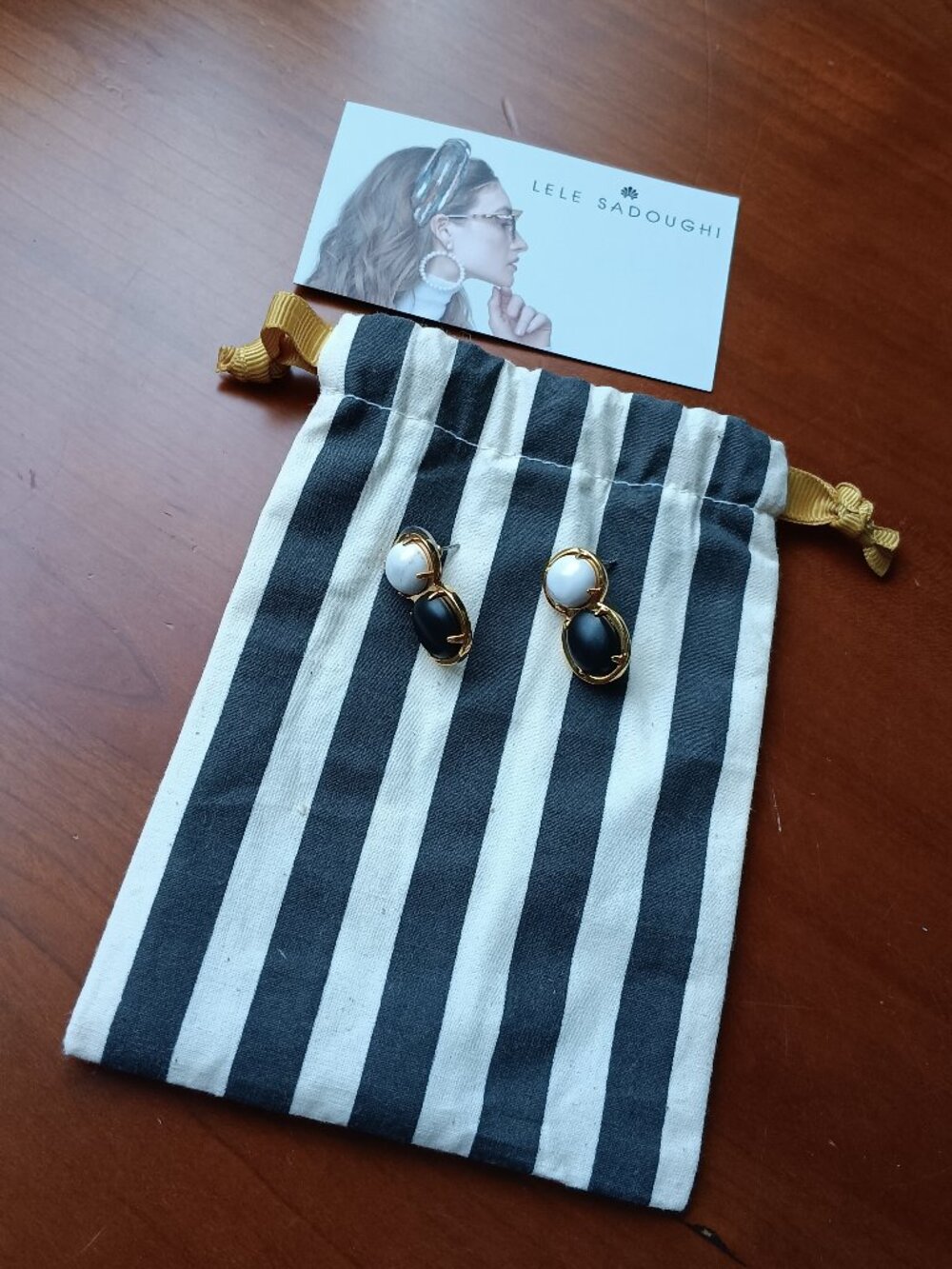 NWT Lele Sadoughi Black & White Gold Setting Pierced Earrings